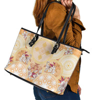 Hawaii Peach Palaka Leather Tote Bag With Tapa Pattern Tropical Flowers - Polynesian Pride