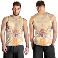Hawaii Peach Palaka Men Tank Top With Tapa Pattern Tropical Flowers - Polynesian Pride