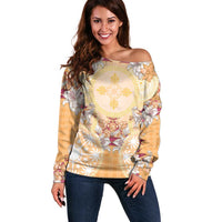 Hawaii Peach Palaka Off Shoulder Sweater With Tapa Pattern Tropical Flowers - Polynesian Pride