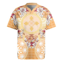Hawaii Peach Palaka Rugby Jersey With Tapa Pattern Tropical Flowers LT05 Peach - Polynesian Pride