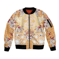 Hawaii Peach Palaka Sleeve Zip Bomber Jacket With Tapa Pattern Tropical Flowers LT05 Unisex Peach - Polynesian Pride