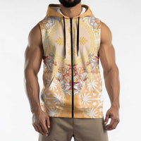 Hawaii Peach Palaka Sleeveless Zip Hoodie With Tapa Pattern Tropical Flowers LT05 - Polynesian Pride