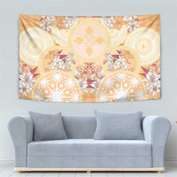 Hawaii Peach Palaka Tapestry With Tapa Pattern Tropical Flowers - Polynesian Pride