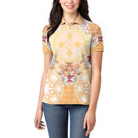 Hawaii Peach Palaka Women Polo Shirt With Tapa Pattern Tropical Flowers - Polynesian Pride
