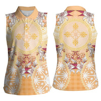 Hawaii Peach Palaka Women Sleeveless Polo Shirt With Tapa Pattern Tropical Flowers LT05 - Polynesian Pride