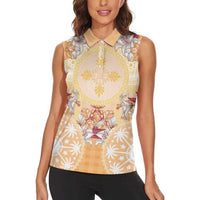 Hawaii Peach Palaka Women Sleeveless Polo Shirt With Tapa Pattern Tropical Flowers LT05 - Polynesian Pride
