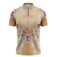 Hawaii Peach Palaka Zipper Polo Shirt With Tapa Pattern Tropical Flowers LT05 Peach - Polynesian Pride