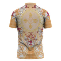 Hawaii Peach Palaka Zipper Polo Shirt With Tapa Pattern Tropical Flowers LT05 - Polynesian Pride