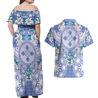 Hawaii Violet Palaka Couples Matching Off Shoulder Maxi Dress and Hawaiian Shirt With Tapa Pattern Tropical Flowers - Polynesian Pride