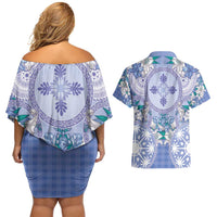 Hawaii Violet Palaka Couples Matching Off Shoulder Short Dress and Hawaiian Shirt With Tapa Pattern Tropical Flowers - Polynesian Pride