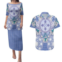 Hawaii Violet Palaka Couples Matching Puletasi and Hawaiian Shirt With Tapa Pattern Tropical Flowers LT05 Violet - Polynesian Pride