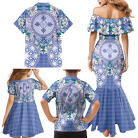 Hawaii Violet Palaka Family Matching Mermaid Dress and Hawaiian Shirt With Tapa Pattern Tropical Flowers - Polynesian Pride