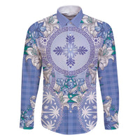 Hawaii Violet Palaka Family Matching Puletasi and Hawaiian Shirt With Tapa Pattern Tropical Flowers LT05 Dad's Shirt - Long Sleeve Violet - Polynesian Pride