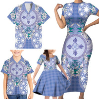 Hawaii Violet Palaka Family Matching Short Sleeve Bodycon Dress and Hawaiian Shirt With Tapa Pattern Tropical Flowers - Polynesian Pride