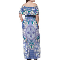 Hawaii Violet Palaka Off Shoulder Maxi Dress With Tapa Pattern Tropical Flowers - Polynesian Pride