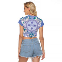 Hawaii Violet Palaka Raglan Cropped T Shirt With Tapa Pattern Tropical Flowers - Polynesian Pride
