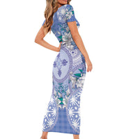 Hawaii Violet Palaka Short Sleeve Bodycon Dress With Tapa Pattern Tropical Flowers - Polynesian Pride