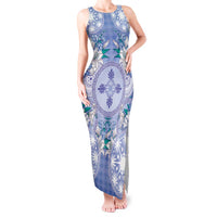 Hawaii Violet Palaka Tank Maxi Dress With Tapa Pattern Tropical Flowers - Polynesian Pride