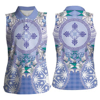 Hawaii Violet Palaka Women Sleeveless Polo Shirt With Tapa Pattern Tropical Flowers LT05 - Polynesian Pride