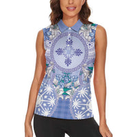 Hawaii Violet Palaka Women Sleeveless Polo Shirt With Tapa Pattern Tropical Flowers LT05 - Polynesian Pride