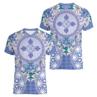 Hawaii Violet Palaka Women V-Neck T-Shirt With Tapa Pattern Tropical Flowers - Polynesian Pride