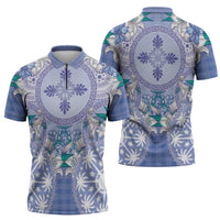 Hawaii Violet Palaka Zipper Polo Shirt With Tapa Pattern Tropical Flowers LT05 - Polynesian Pride
