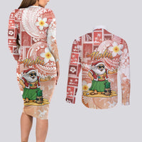 Hawaii Mele Kalikimaka Couples Matching Long Sleeve Bodycon Dress and Long Sleeve Button Shirt Hula Santa Retro Style Red - Polynesian Pride