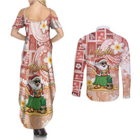 Hawaii Mele Kalikimaka Couples Matching Summer Maxi Dress and Long Sleeve Button Shirt Hula Santa Retro Style Red - Polynesian Pride