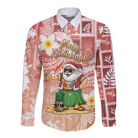 Hawaii Mele Kalikimaka Long Sleeve Button Shirt Hula Santa Retro Style Red - Polynesian Pride