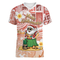 Hawaii Mele Kalikimaka Women V-Neck T-Shirt Hula Santa Retro Style Red LT05 Female Red - Polynesian Pride