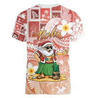 Hawaii Mele Kalikimaka Women V-Neck T-Shirt Hula Santa Retro Style Red LT05 - Polynesian Pride