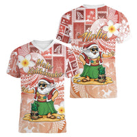 Hawaii Mele Kalikimaka Women V-Neck T-Shirt Hula Santa Retro Style Red LT05 - Polynesian Pride