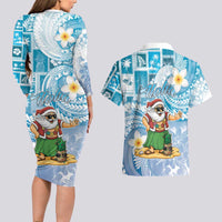 Hawaii Mele Kalikimaka Couples Matching Long Sleeve Bodycon Dress and Hawaiian Shirt Hula Santa Retro Style Blue - Polynesian Pride