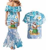 Hawaii Mele Kalikimaka Couples Matching Mermaid Dress and Hawaiian Shirt Hula Santa Retro Style Blue - Polynesian Pride