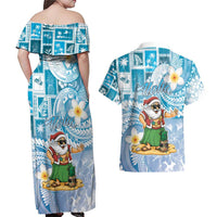 Hawaii Mele Kalikimaka Couples Matching Off Shoulder Maxi Dress and Hawaiian Shirt Hula Santa Retro Style Blue - Polynesian Pride