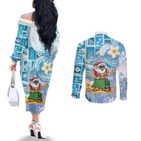 Hawaii Mele Kalikimaka Couples Matching Off The Shoulder Long Sleeve Dress and Long Sleeve Button Shirt Hula Santa Retro Style Blue - Polynesian Pride