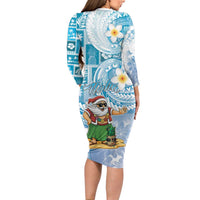 Hawaii Mele Kalikimaka Long Sleeve Bodycon Dress Hula Santa Retro Style Blue - Polynesian Pride