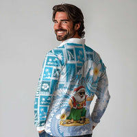 Hawaii Mele Kalikimaka Long Sleeve Polo Shirt Hula Santa Retro Style Blue - Polynesian Pride