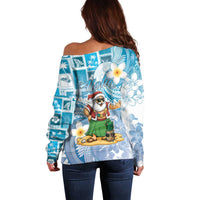 Hawaii Mele Kalikimaka Off Shoulder Sweater Hula Santa Retro Style Blue - Polynesian Pride
