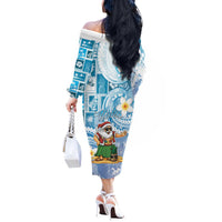 Hawaii Mele Kalikimaka Off The Shoulder Long Sleeve Dress Hula Santa Retro Style Blue - Polynesian Pride