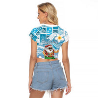 Hawaii Mele Kalikimaka Raglan Cropped T Shirt Hula Santa Retro Style Blue - Polynesian Pride
