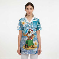 Hawaii Mele Kalikimaka Scrub Top Hula Santa Retro Style Blue - Polynesian Pride