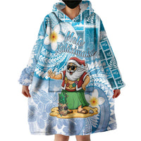 Hawaii Mele Kalikimaka Wearable Blanket Hoodie Hula Santa Retro Style Blue - Polynesian Pride