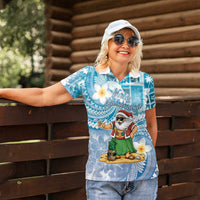 Hawaii Mele Kalikimaka Women Polo Shirt Hula Santa Retro Style Blue - Polynesian Pride