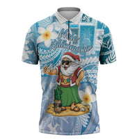 Hawaii Mele Kalikimaka Zipper Polo Shirt Hula Santa Retro Style Blue LT05 Blue - Polynesian Pride