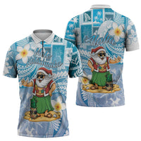Hawaii Mele Kalikimaka Zipper Polo Shirt Hula Santa Retro Style Blue LT05 - Polynesian Pride