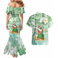 Hawaii Mele Kalikimaka Couples Matching Mermaid Dress and Hawaiian Shirt Hula Santa Retro Style Green - Polynesian Pride