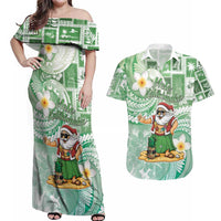 Hawaii Mele Kalikimaka Couples Matching Off Shoulder Maxi Dress and Hawaiian Shirt Hula Santa Retro Style Green - Polynesian Pride