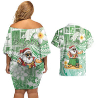 Hawaii Mele Kalikimaka Couples Matching Off Shoulder Short Dress and Hawaiian Shirt Hula Santa Retro Style Green - Polynesian Pride