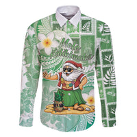 Hawaii Mele Kalikimaka Family Matching Long Sleeve Bodycon Dress and Hawaiian Shirt Hula Santa Retro Style Green - Polynesian Pride